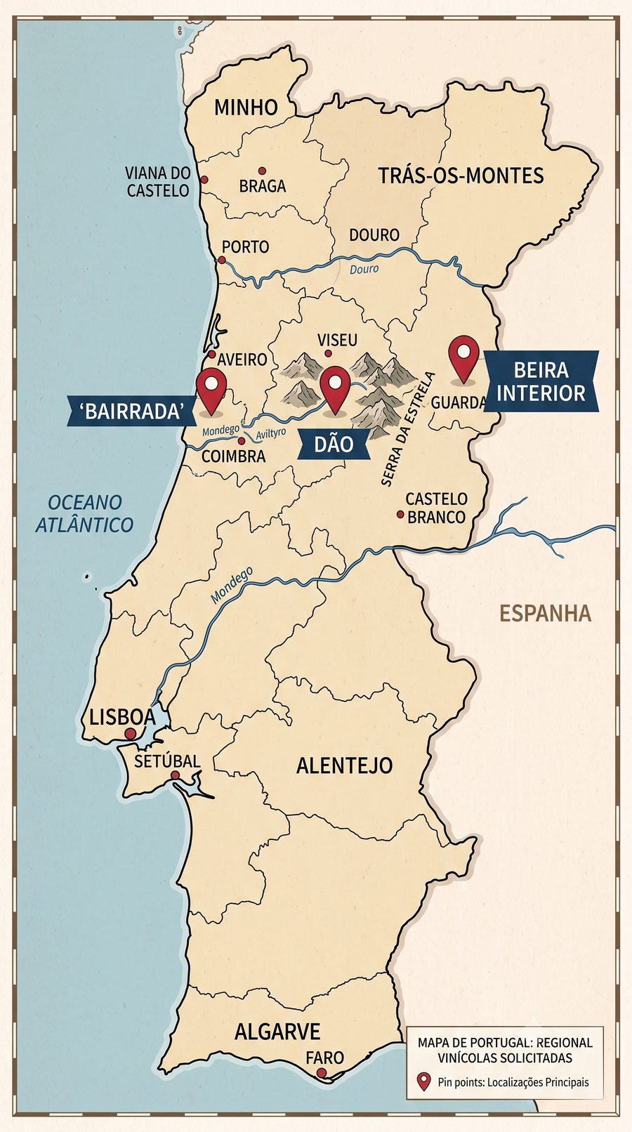 Map of Portugal showing the Bairrada, Dão, and Beira Interior wine regions